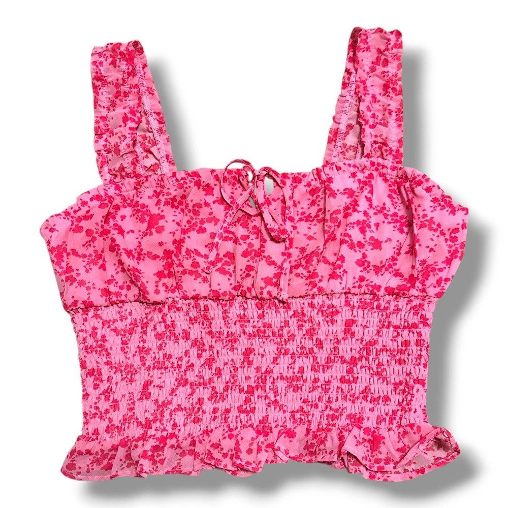Rue21 NEW Pink Floral Smocked Crop Top Ruffle Tie Front Size M Coquette Barbie